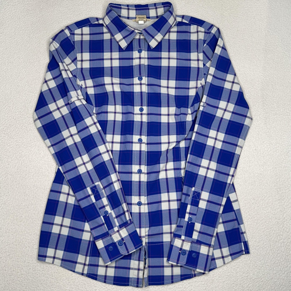 Duluth Trading Shirt Womens XS Blue White Plaid Long Sleeve Button Down Vented